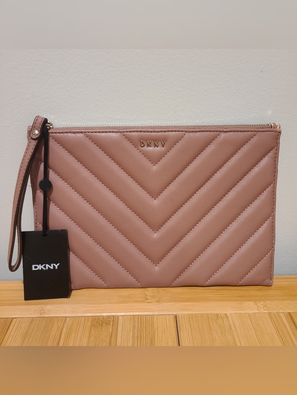 DKNY Wristlet Rose Pink Quilted Vegan Leather